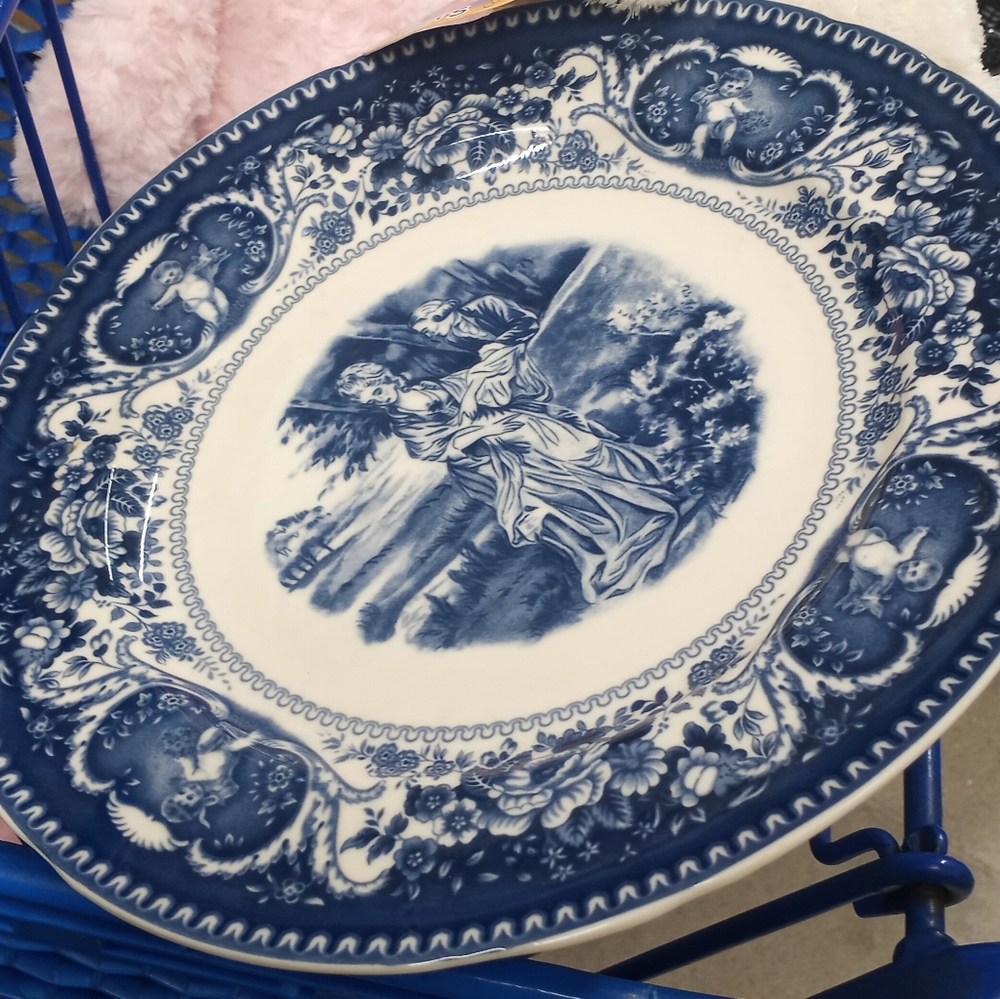 Colonial Courtesan Romance Lovers Rest in Garden Blue Transferware Charger Plate